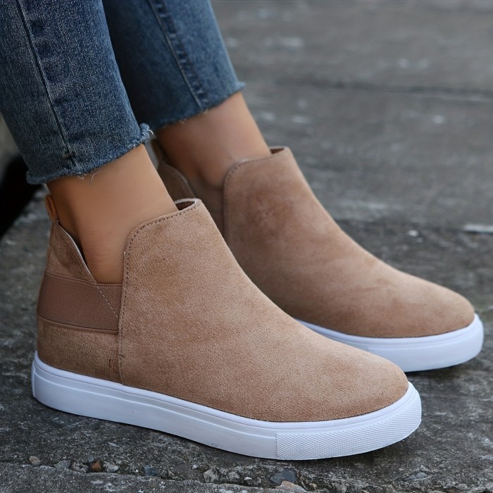 Women's Flat High Top Sneakers, Solid Color Round Toe Slip On Ankle Boots, Comfortable Suedette Shoes