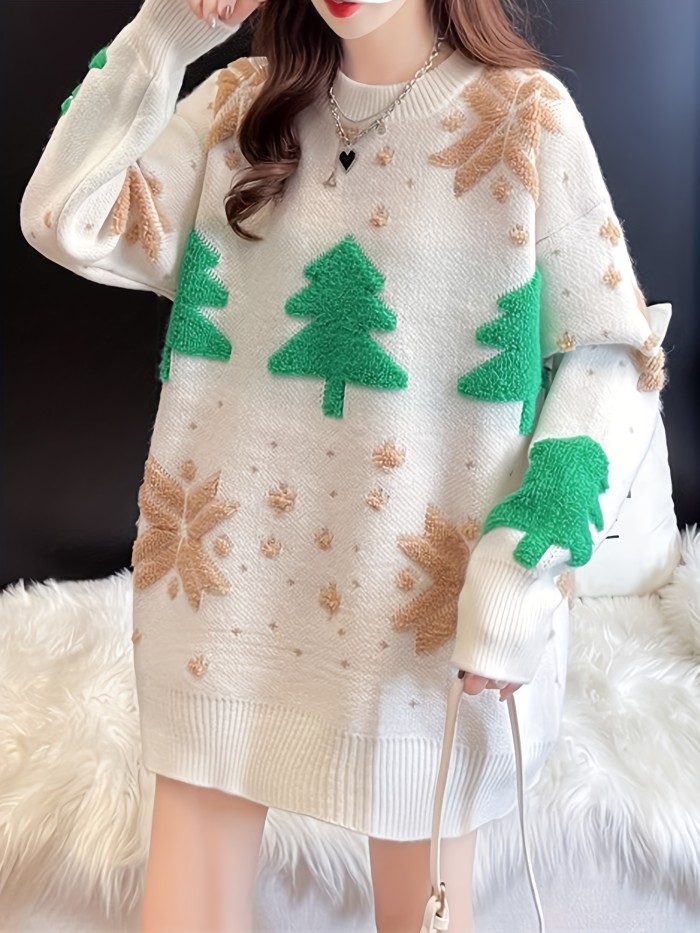 Christmas Tree Pattern Pullover Sweater, Casual Long Sleeve Drop Shoulder Sweater, Women's Clothing