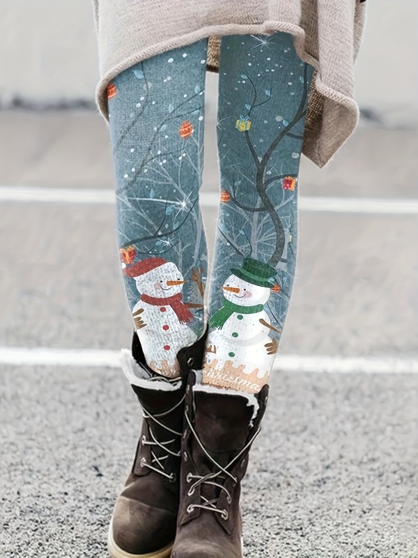 Christmas Snowman Print Skinny Leggings, Casual Elastic Waist Stretchy Leggings, Women's Clothing