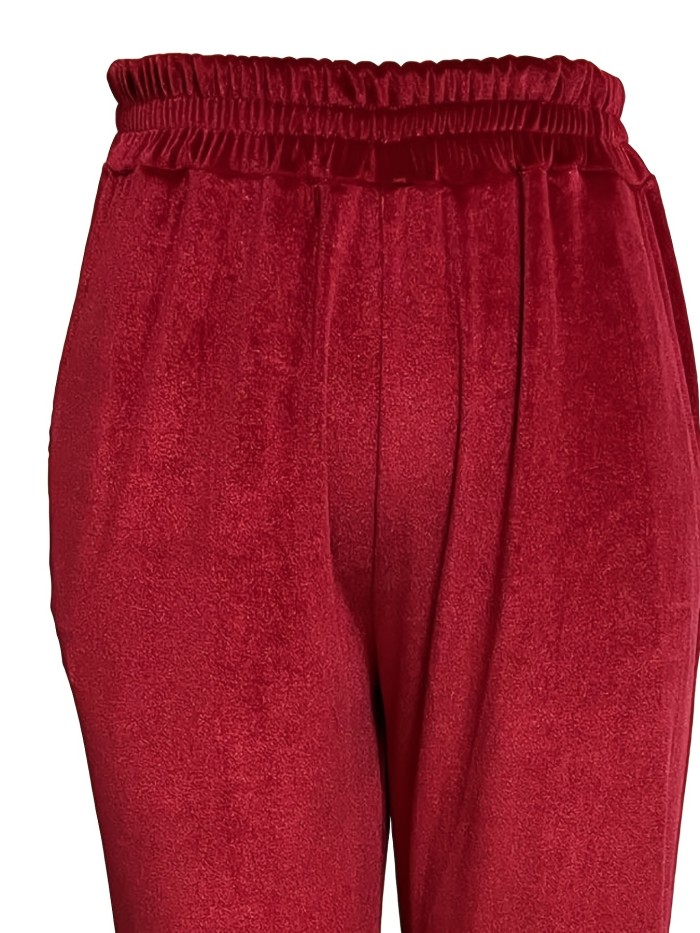 Solid Elastic Waist Pants, Casual Long Length Straight Pants For All Season, Women's Clothing