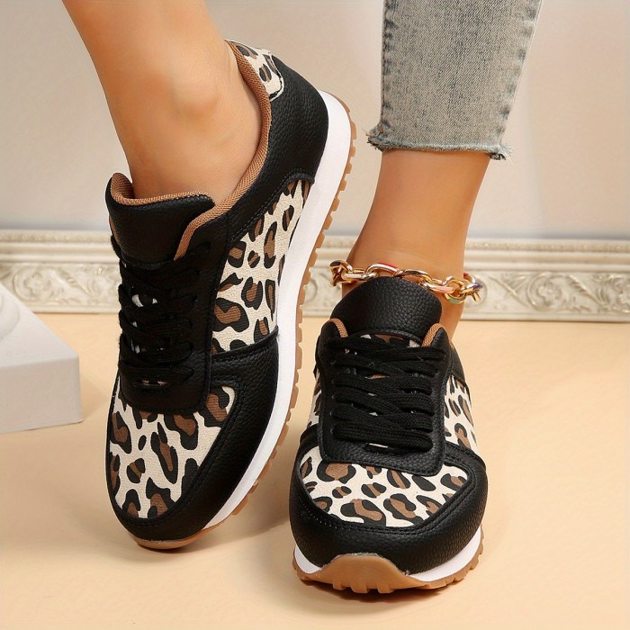 Women's Leopard Print Sneakers, Lace Up Low-top Casual Flat Shoes, Comfy Outdoor Sporty Shoes