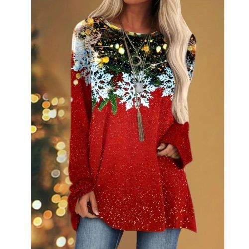 Christmas Style & Snowflake Print Tunics, Casual Long Sleeve Crew Neck Outwear, Women's Clothing