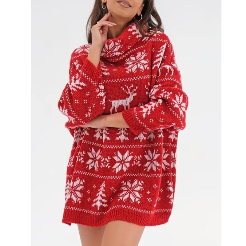 Christmas Deer Print Sweater Dress, Casual Long Sleeve Dress, Women's Clothing