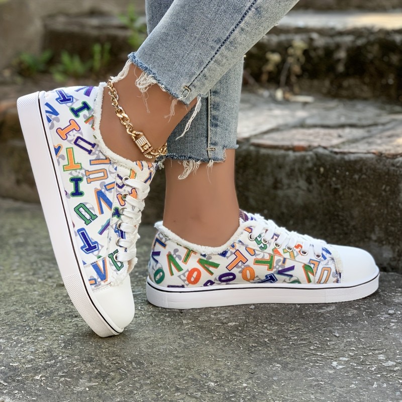 Women's Letter Graphic Canvas Sneakers, Casual Round Toe Low Top Skate Shoes, Versatile Flat Walking Trainers