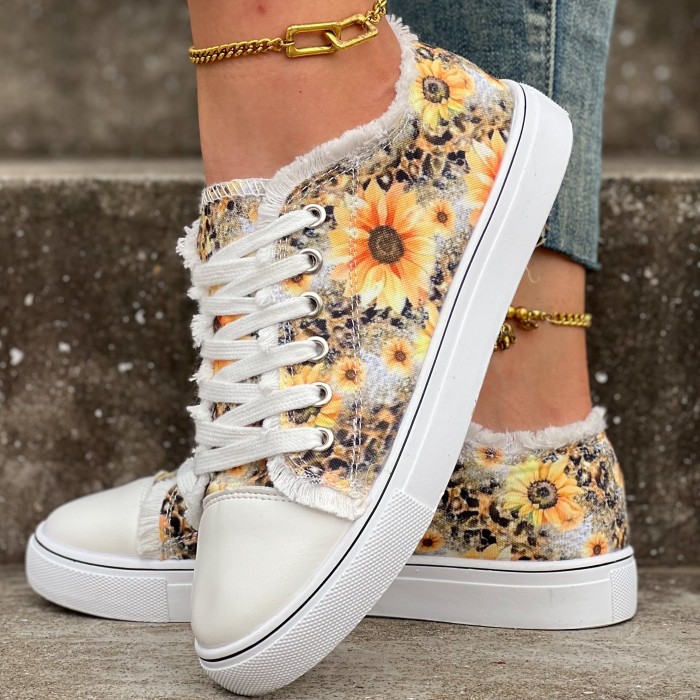 Women's Sunflower Print Canvas Shoes, Casual Lace Up Outdoor Shoes, Lightweight Low Top Walking Shoes
