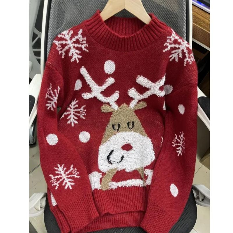 Christmas Pattern Crew Neck Pullover Sweater, Cute Long Sleeve Loose Sweater, Women's Clothing