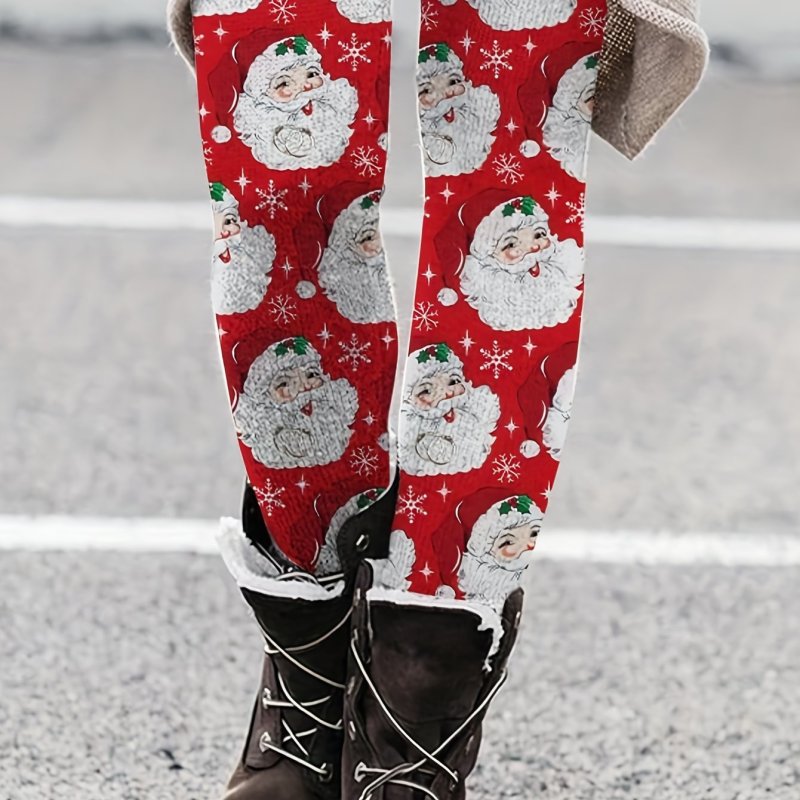 Santa Claus Print High Waist Leggings, Boho Skinny Leggings For Fall & Winter, Women's Clothing
