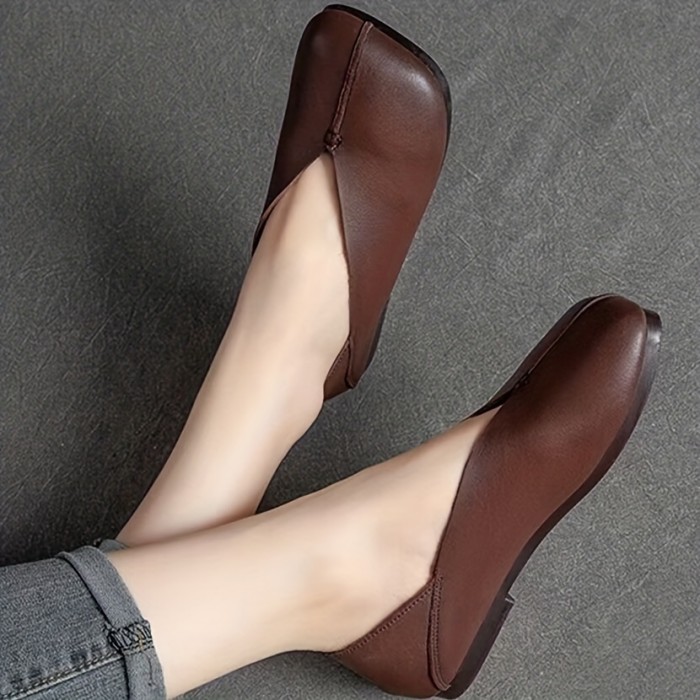 Women's Square Toe Flat Shoes, Soft Sole Slip On Faux Leather Shoes, Women's Footwear