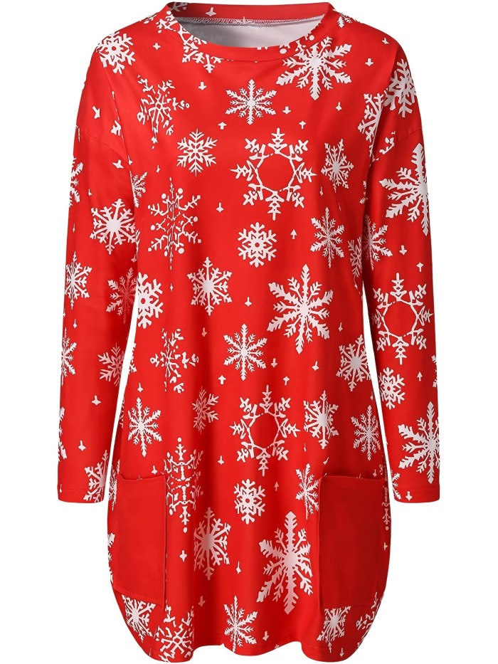 Women's Christmas Santa Print Mid-Length Tops, Casual Fall Winter Pullover Shirts, Women's Clothing