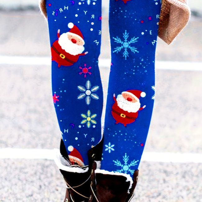 Christmas Santa Claus Print Leggings, Casual Elastic Waist Skinny Leggings, Women's Clothing