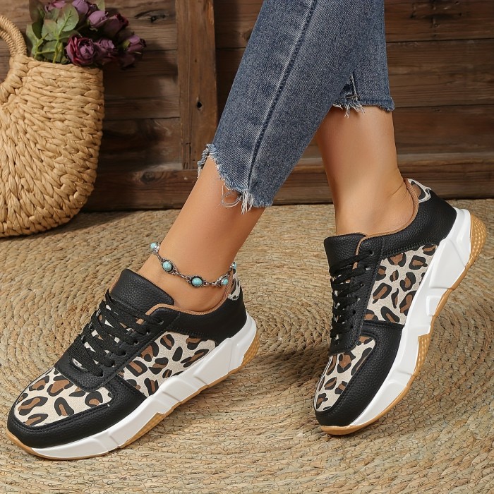 Women's Leopard Pattern Lace-up Chunky Sneakers, Anti-slip Sports Shoes, Lightweight Low Top Sneakers
