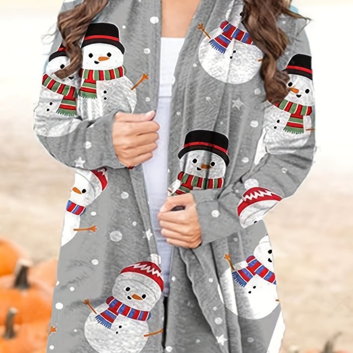 Plus Size Christmas Casual Coat, Women's Plus Hut & Snowflake Print Long Sleeve Open Front Cardigan