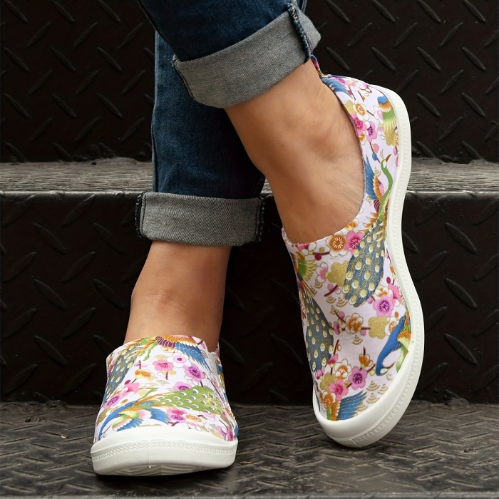 Women's Art Print Canvas Shoes, Fashion Low Top Slip On Loafers, Casual Flat Walking Shoes