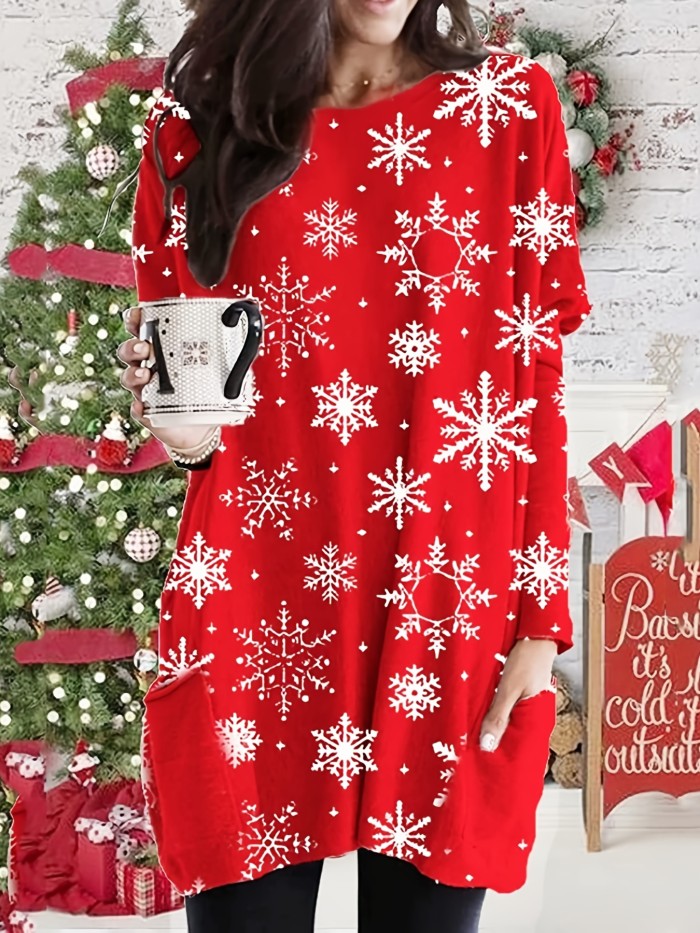 Women's Christmas Santa Print Mid-Length Tops, Casual Fall Winter Pullover Shirts, Women's Clothing