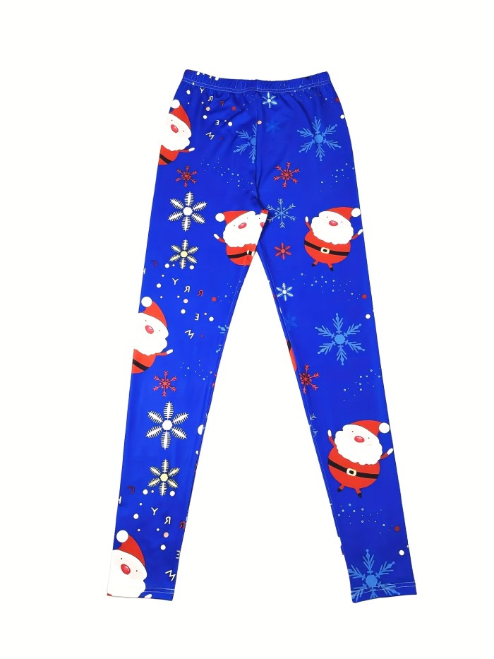 Christmas Santa Claus Print Leggings, Casual Elastic Waist Skinny Leggings, Women's Clothing