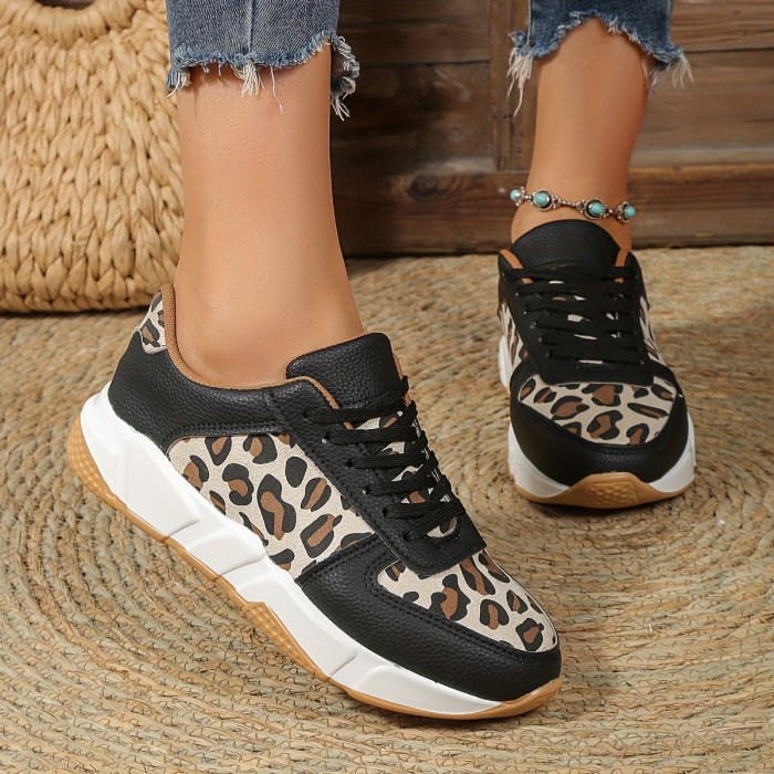 Women's Leopard Pattern Lace-up Chunky Sneakers, Anti-slip Sports Shoes, Lightweight Low Top Sneakers