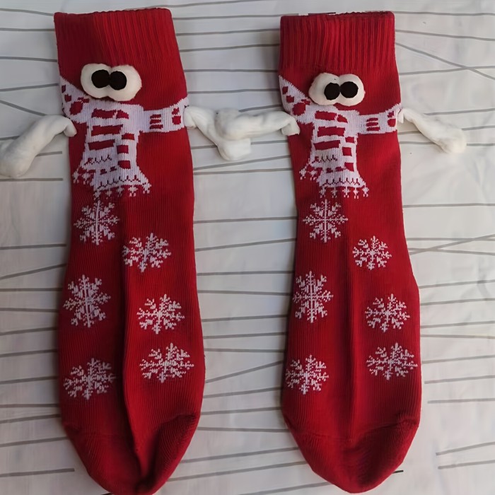 1 Pair Creative Christmas Cute Doll Hand-in-hand Mid-calf Socks, For Friends, Couples