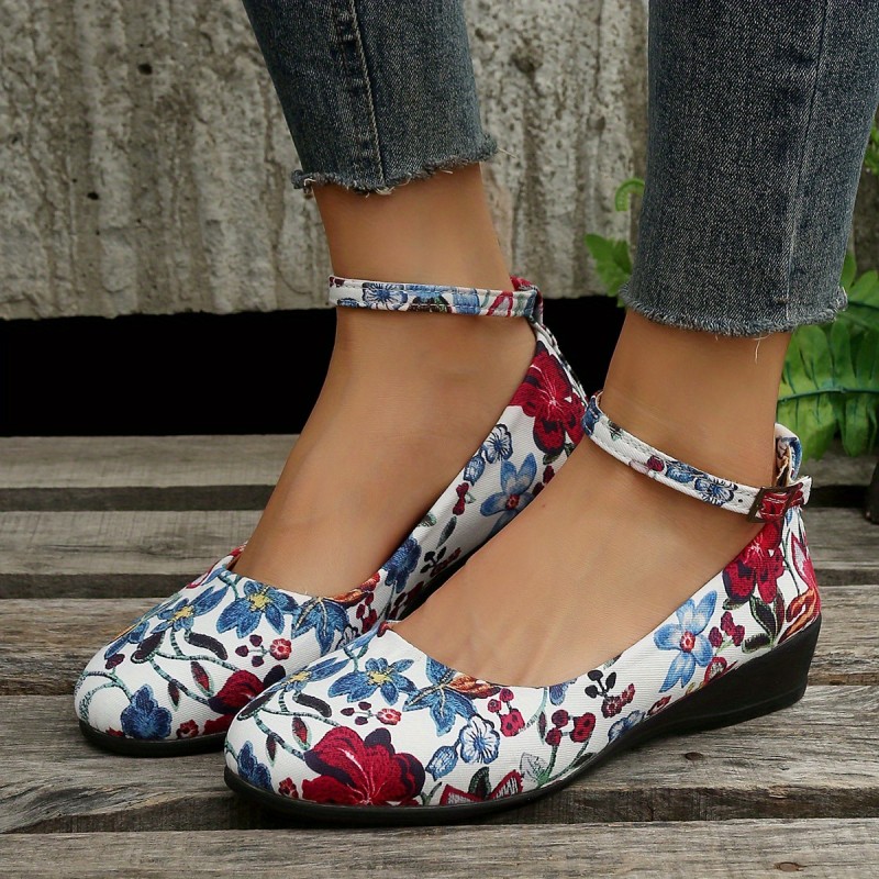 Women's Floral Print Wedge Shoes, Fashion Buckle Strap Platform Shoes, Women's Trendy Outdoor Shoes