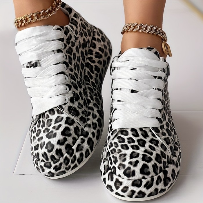 Women's Leopard Print Sneakers, Lace Up Low-top Round Toe Flatform Shoes, Casual & Comfy Outdoor Shoes