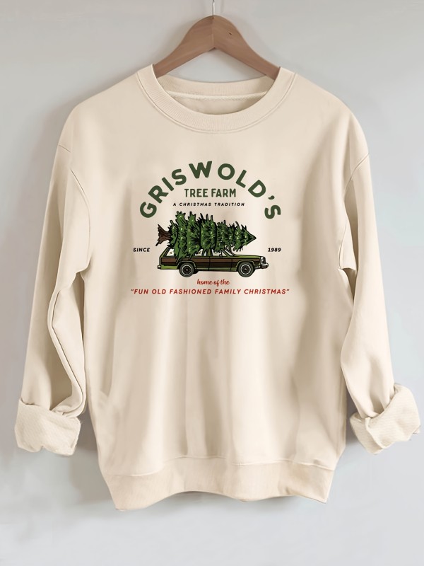 Christmas Tree & Car Print Sweatshirt, Casual Long Sleeve Crew Neck Drop Shoulder Sweatshirt, Women's Clothing