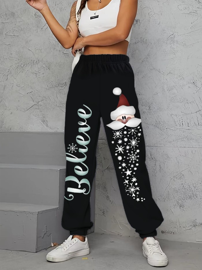 Christmas Print Loose Jogger Pants, Casual Elastic Waist Pants, Women's Clothing