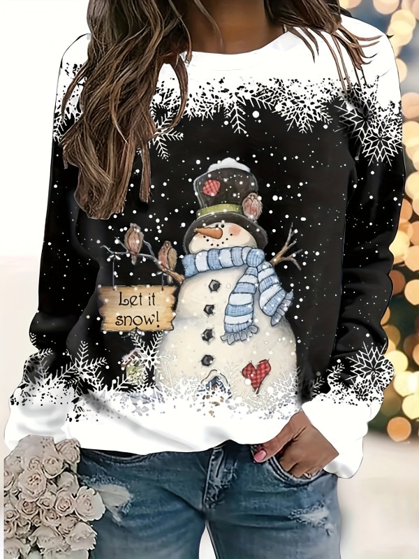 Snowman Pattern Pullover Sweatshirt, Casual Raglan Sleeve Crew Neck Sweatshirt For Fall & Winter, Women's Clothing