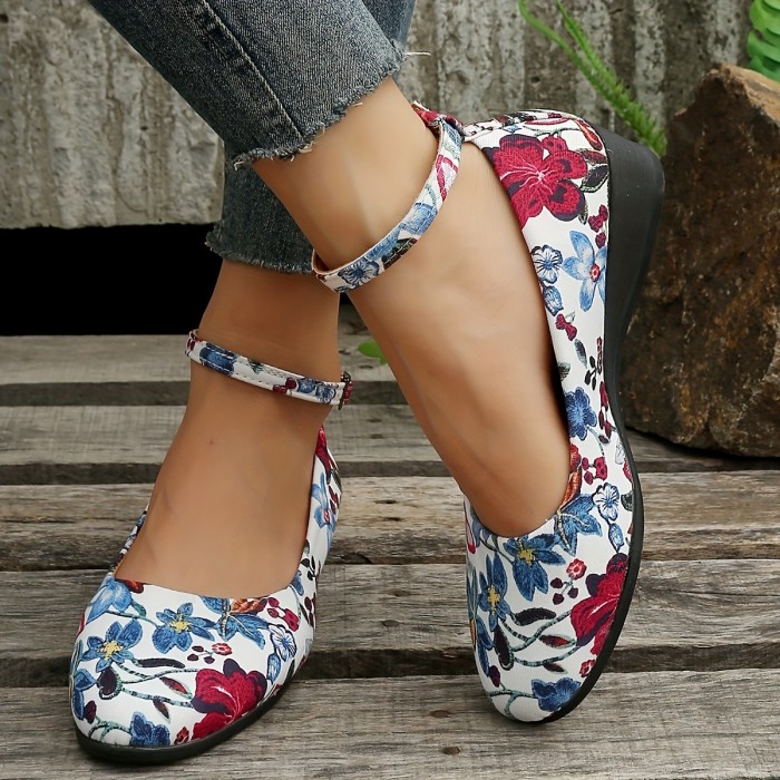 Women's Floral Print Wedge Shoes, Fashion Buckle Strap Platform Shoes, Women's Trendy Outdoor Shoes