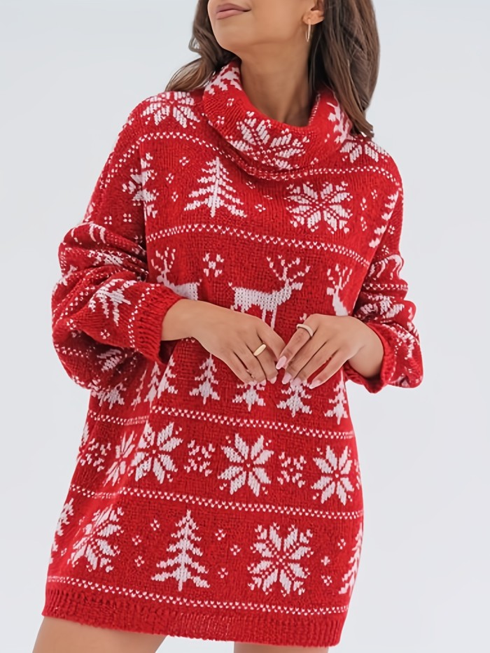 Christmas Deer Print Sweater Dress, Casual Long Sleeve Dress, Women's Clothing