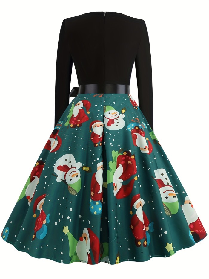 Christmas Santa Claus Print Crew Neck Dress, Vintage Long Sleeve Belted Dress, Women's Clothing
