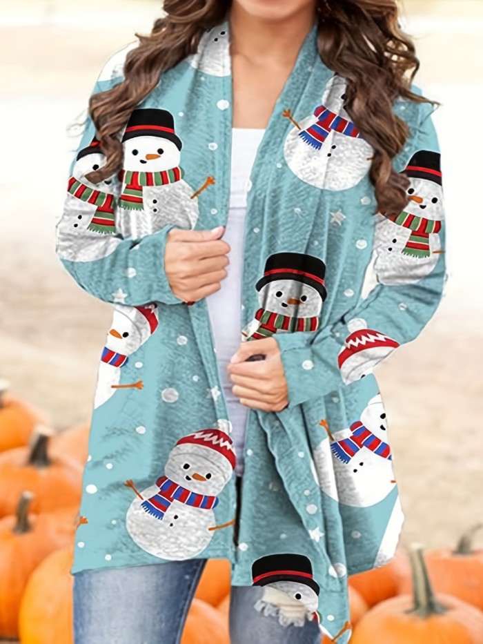 Plus Size Christmas Casual Coat, Women's Plus Hut & Snowflake Print Long Sleeve Open Front Cardigan