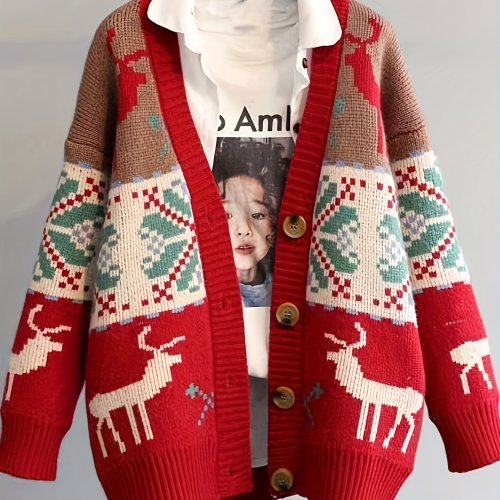 Christmas Elk Pattern Button Down Knit Cardigan, Casual Long Sleeve Loose Thick Sweater, Women's Clothing