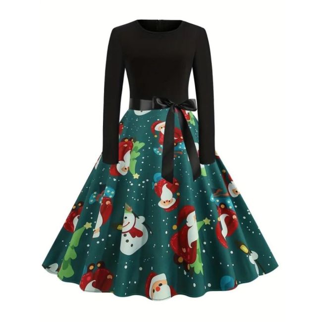 Christmas Santa Claus Print Crew Neck Dress, Vintage Long Sleeve Belted Dress, Women's Clothing