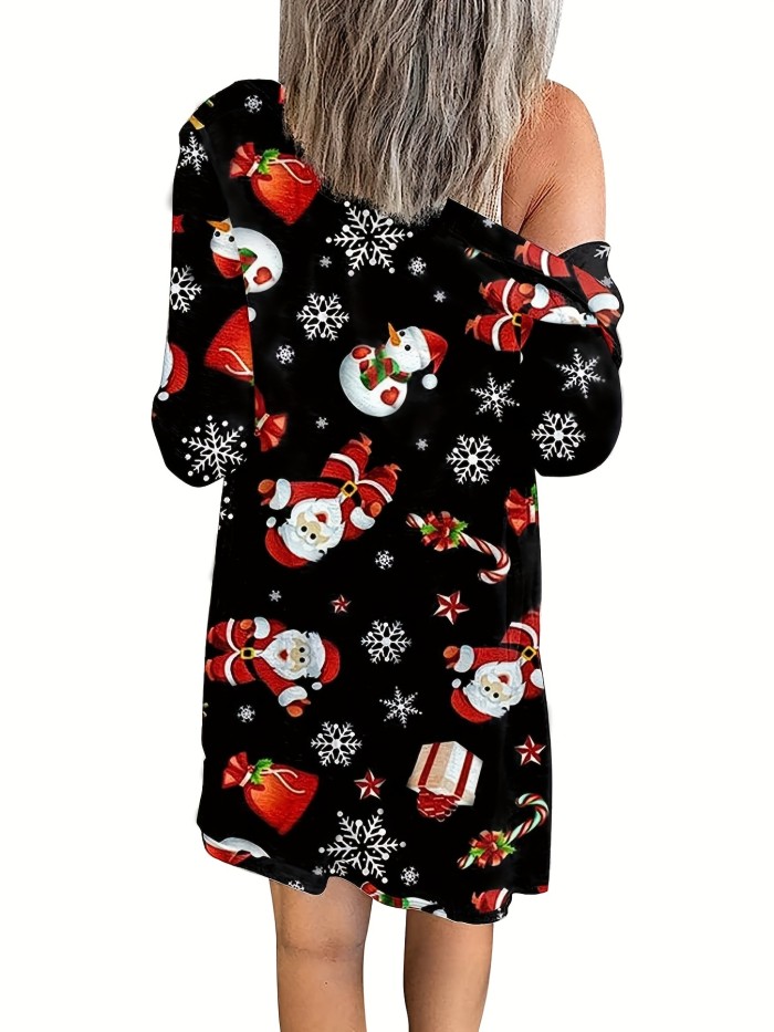 Plus Size Christmas Cardigan, Women's Plus Christmas Print Long Sleeve Open Front Longline Cardigan