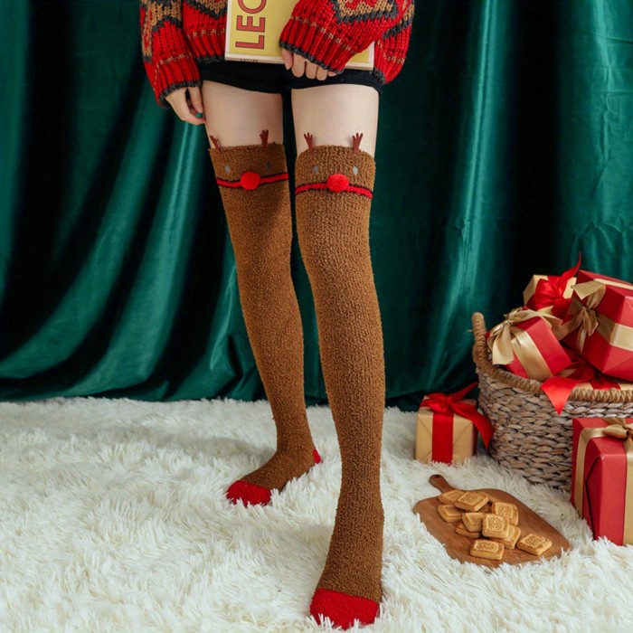 Christmas Thigh High Socks, Cute Fuzzy Over The Knee Socks, Women's Stockings & Hosiery