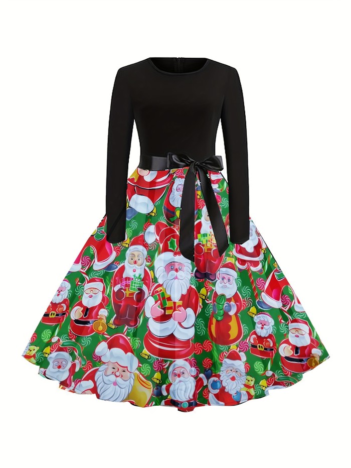 Christmas Graphic Print Splicing Dress, Elegant Crew Neck Long Sleeve Dress, Women's Clothing