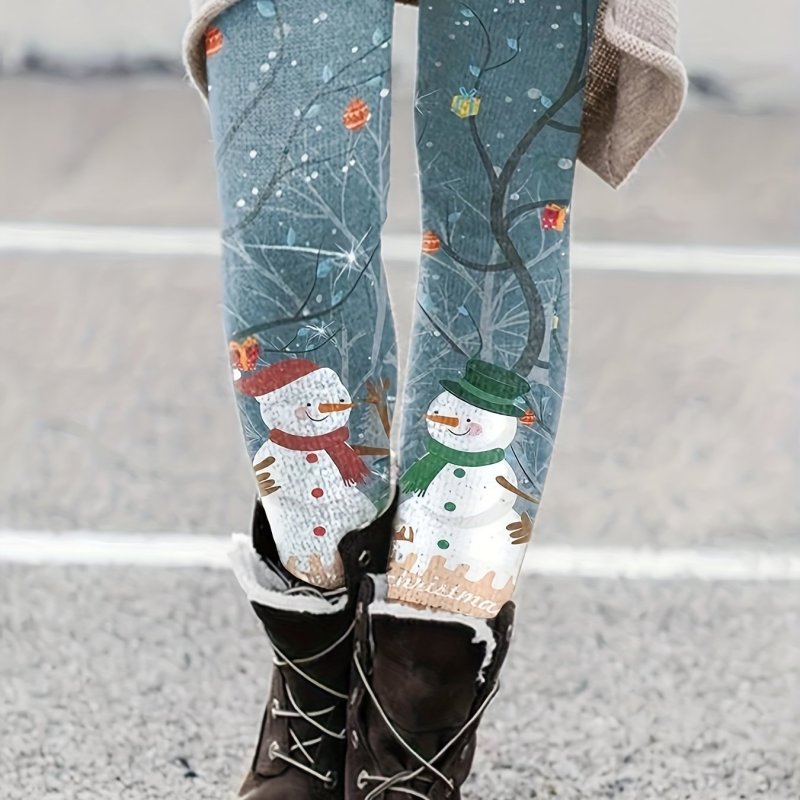 Christmas Snowman Print Skinny Leggings, Casual Elastic Waist Stretchy Leggings, Women's Clothing