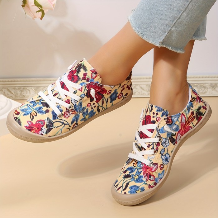 Women's Flower Pattern Canvas Shoes, Casual Lace Up Flat Sneakers, Women's Comfy Daily Outdoor Shoes