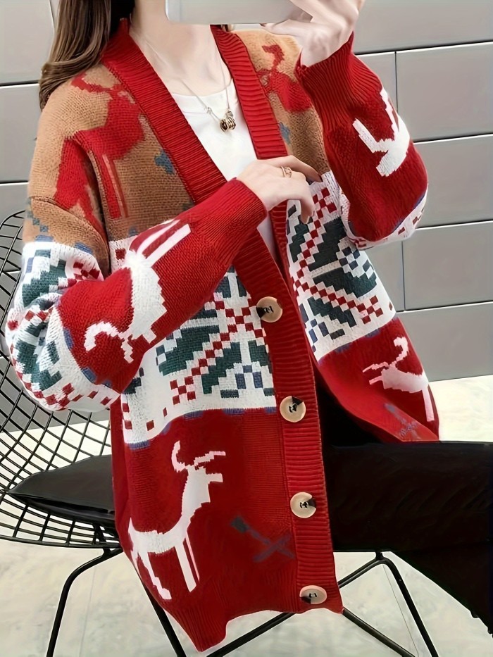 Christmas Elk Pattern Button Down Knit Cardigan, Casual Long Sleeve Loose Thick Sweater, Women's Clothing