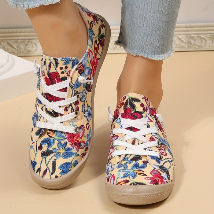 Women's Flower Pattern Canvas Shoes, Casual Lace Up Flat Sneakers, Women's Comfy Daily Outdoor Shoes