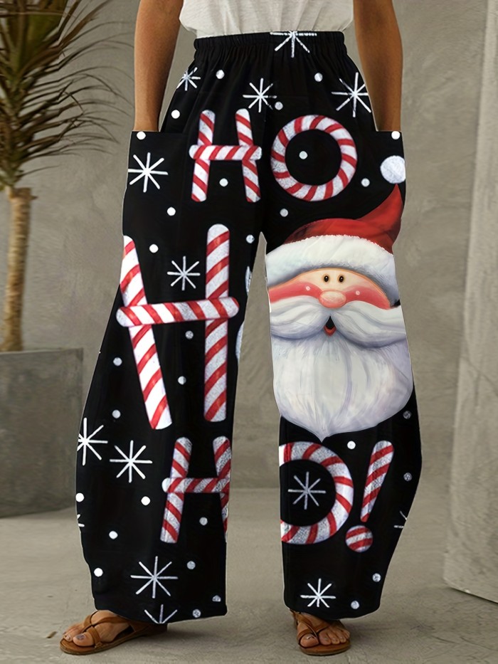Christmas Graphic Print Straight Leg Pants, Casual Pocket Elastic Waist Pants, Women's Clothing