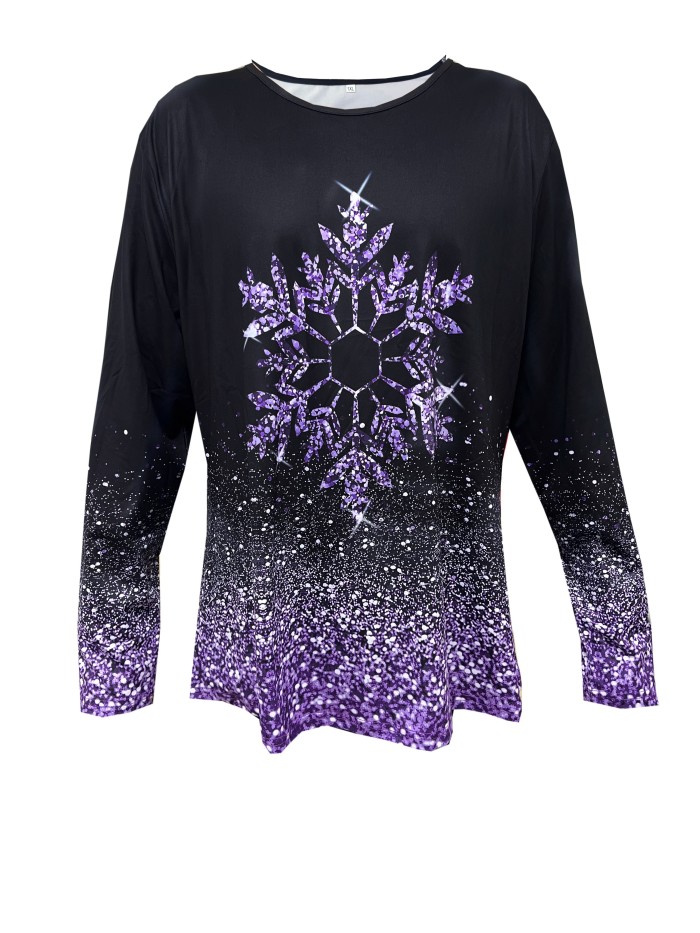 Plus Size Christmas Top, Women's Plus Glitter Snowflake Print Long Sleeve Round Neck Slight Stretch Top