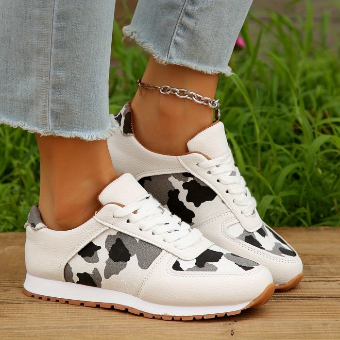 Women's Leopard Print Sneakers, Lace Up Low-top Casual Flat Shoes, Comfy Outdoor Sporty Shoes