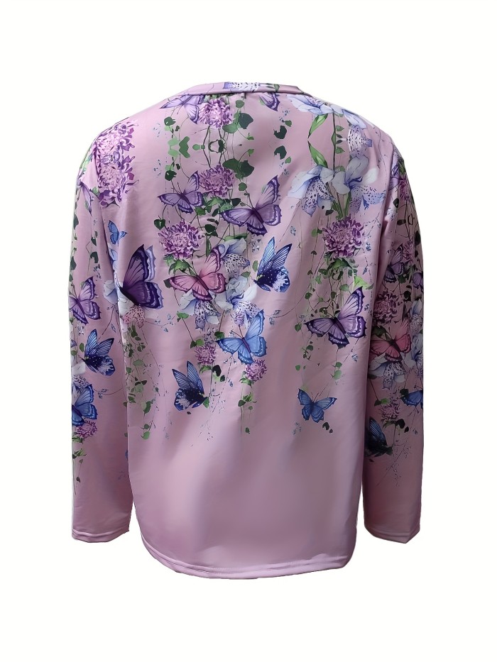 Butterfly Print Sweatshirt, Casual Crew Neck Long Sleeve Sweatshirt, Women's Clothing
