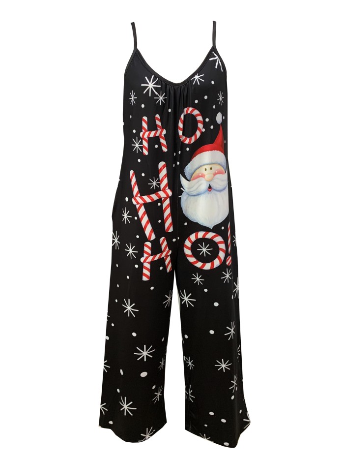 Plus Size Christmas Jumpsuit, Women's Plus Santa Claus & Snowflake & Art Letter Print V Neck Wide Leg Cami Jumpsuit With Pockets