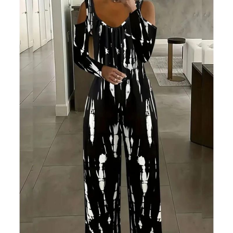 Plus Size Casual Jumpsuit, Women's Plus Tie Dye Cold Shoulder Long Sleeve Round Neck Wide Leg Jumpsuit With Pockets