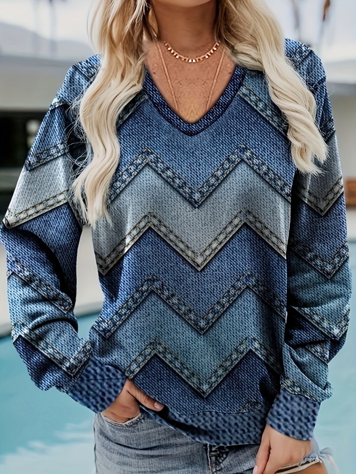 Denim Print Pullover Sweatshirt, Vintage Long Sleeve V Neck Sweatshirt, Women's Clothing