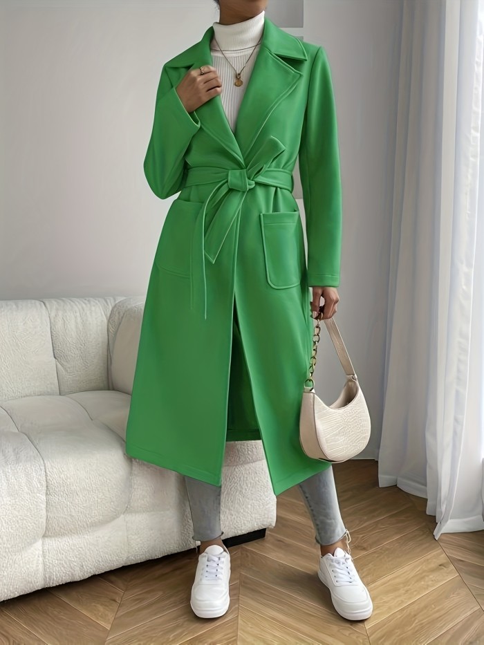 Dual Pocket Trench Coat, Tie Waist Solid Casual Coat For Winter & Fall, Women's Clothing