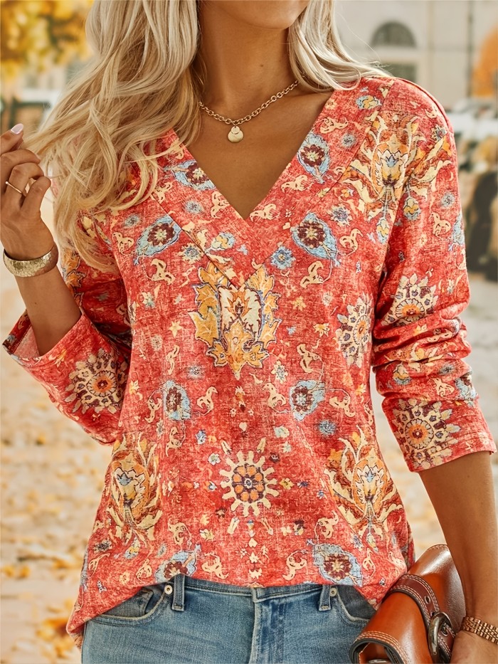 Floral Print Sweatshirt, Long Sleeve V Neck Pullover Sweatshirt, Casual Tops For Fall & Winter, Women's Clothing