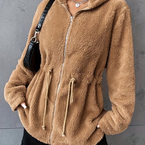 Drawstring Hooded Teddy Jacket, Casual Solid Zip Up Outerwear, Women's Clothing