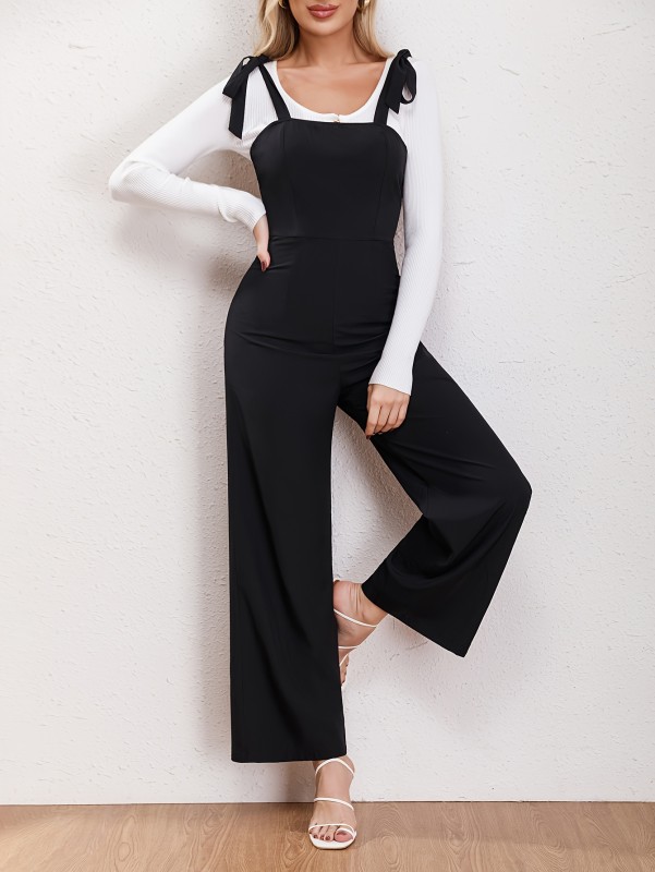 Solid Tie Strap Jumpsuit, Casual Sleeveless Wide Leg Jumpsuit, Women's Clothing